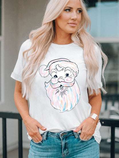 Glamorous White Santa Claus Print Crew Neck Tee