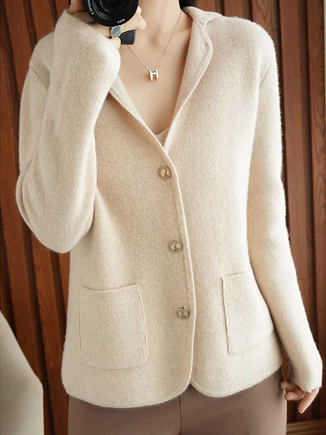 Women's Cardigan Shirt Collar Ribbed Knit Polyester Button Pocket Knitted Fall Winter Short Outdoor Daily Going out Stylish Casual Soft Long Sleeve Solid Color Purple Beige S M L