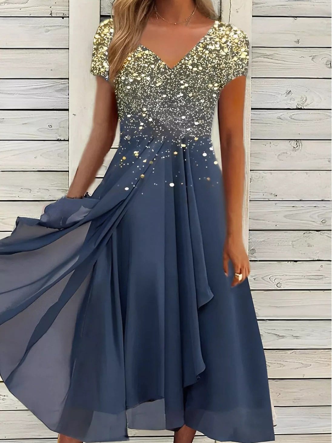 Glimmering Asymmetrical V-Neck Chiffon Dress