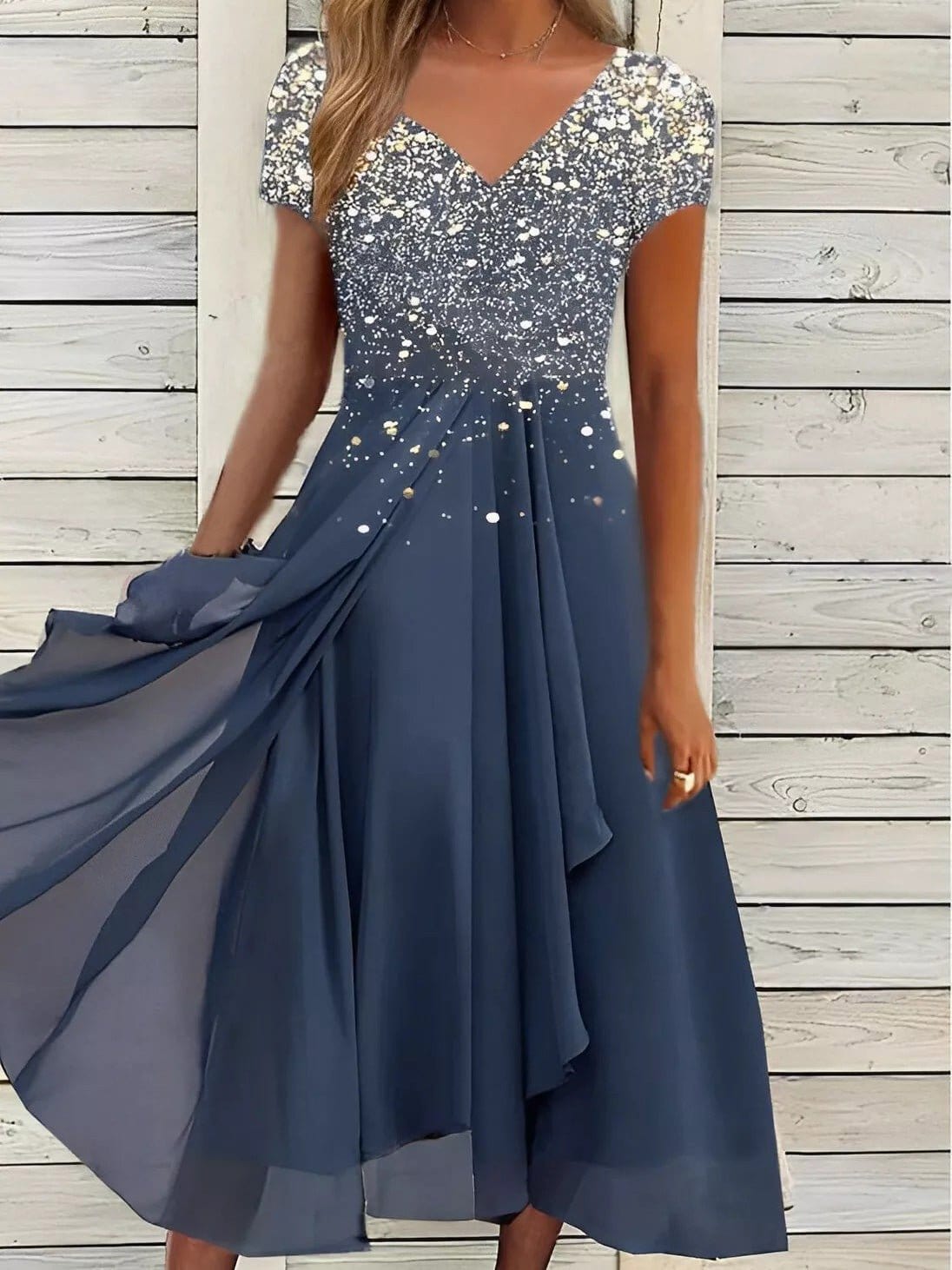 Glimmering Asymmetrical V-Neck Chiffon Dress