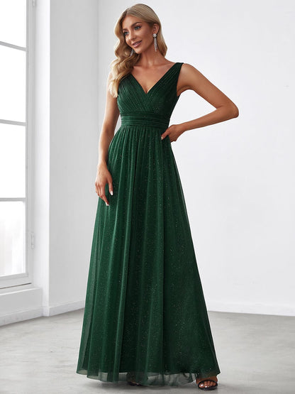 Glimmering Stardust Double V-Neck Evening Gown for Special Events
