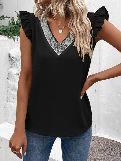 Glittering Black Sequin Flutter Sleeve V-Neck Top