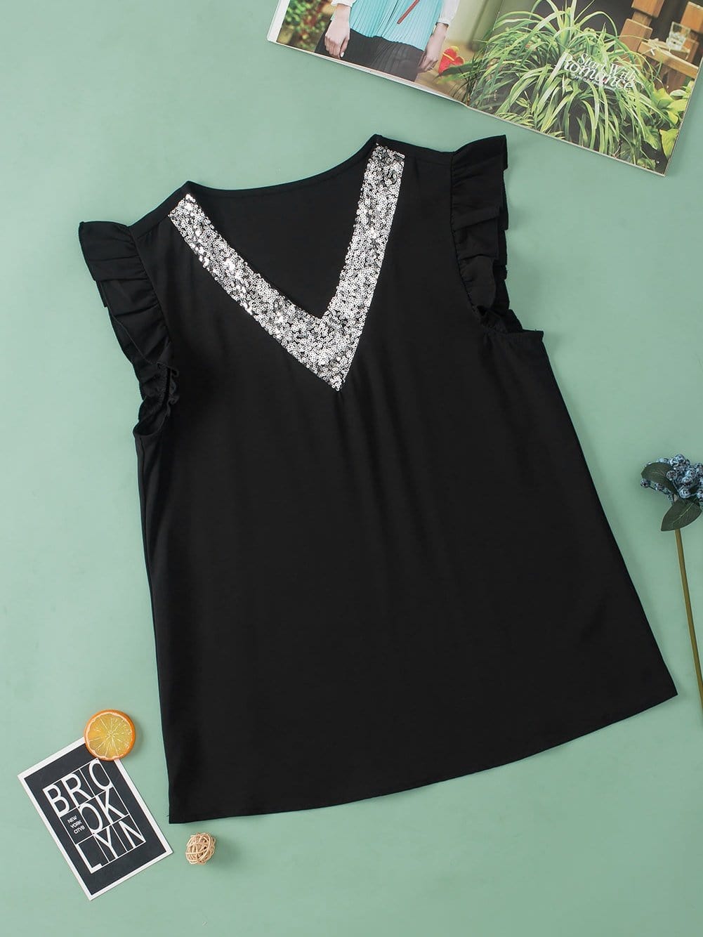 Glittering Black Sequin Flutter Sleeve V-Neck Top