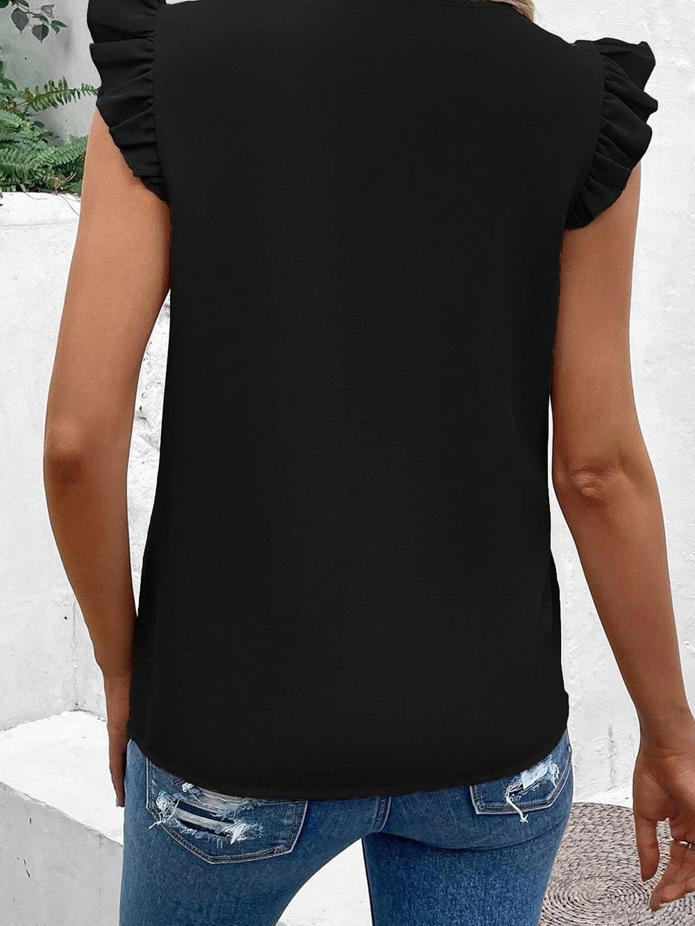 Glittering Black Sequin Flutter Sleeve V-Neck Top