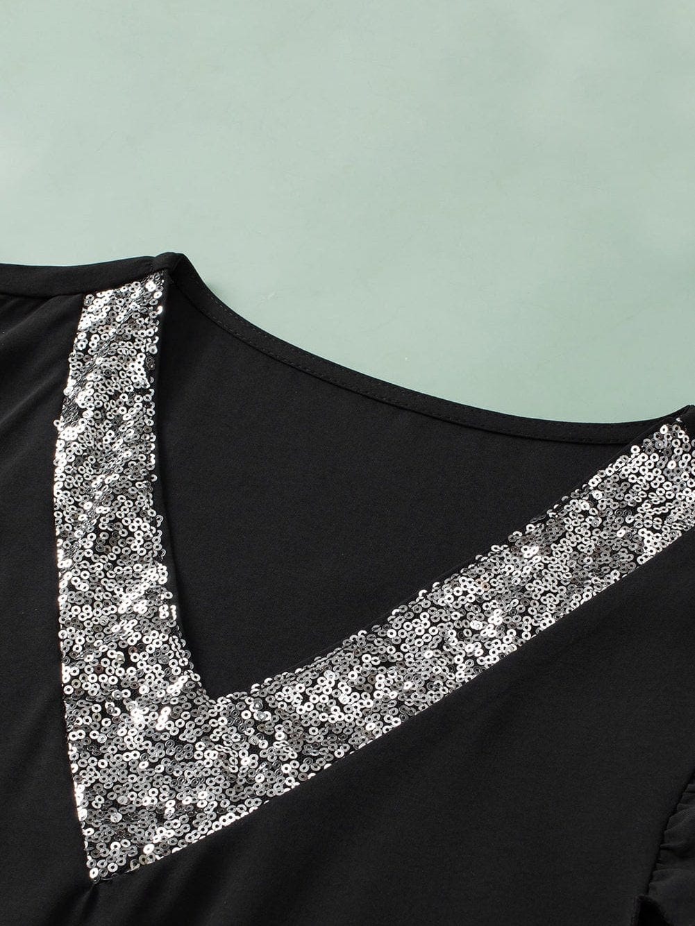 Glittering Black Sequin Flutter Sleeve V-Neck Top