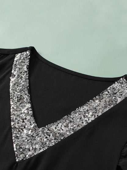 Glittering Black Sequin Flutter Sleeve V-Neck Top