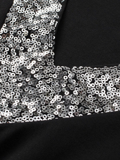 Glittering Black Sequin Flutter Sleeve V-Neck Top