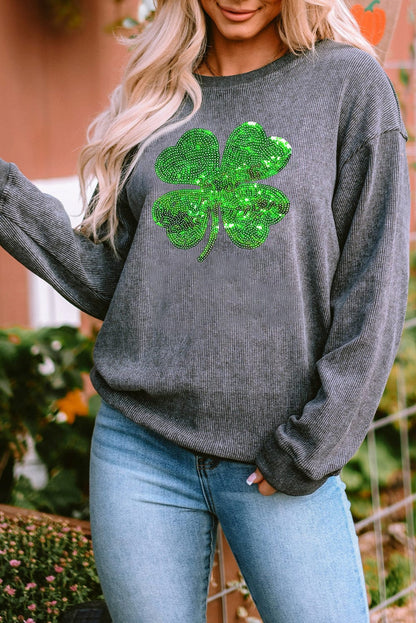 Glittering Four-Leaf Clover Sequin Corduroy Sweatshirt