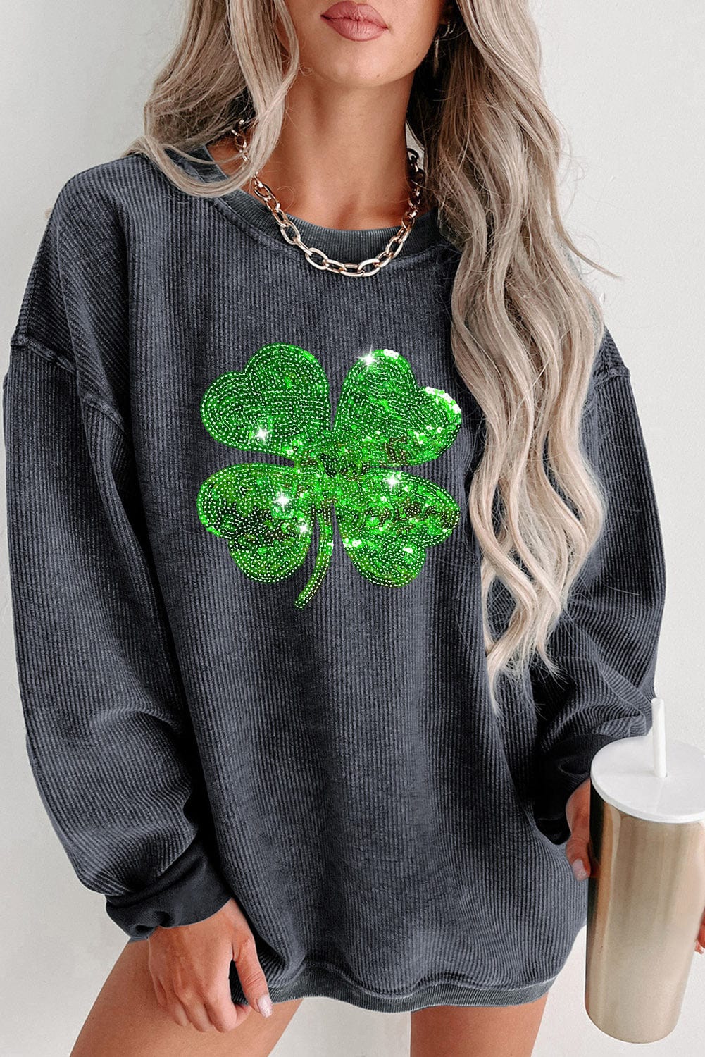 Glittering Four-Leaf Clover Sequin Corduroy Sweatshirt