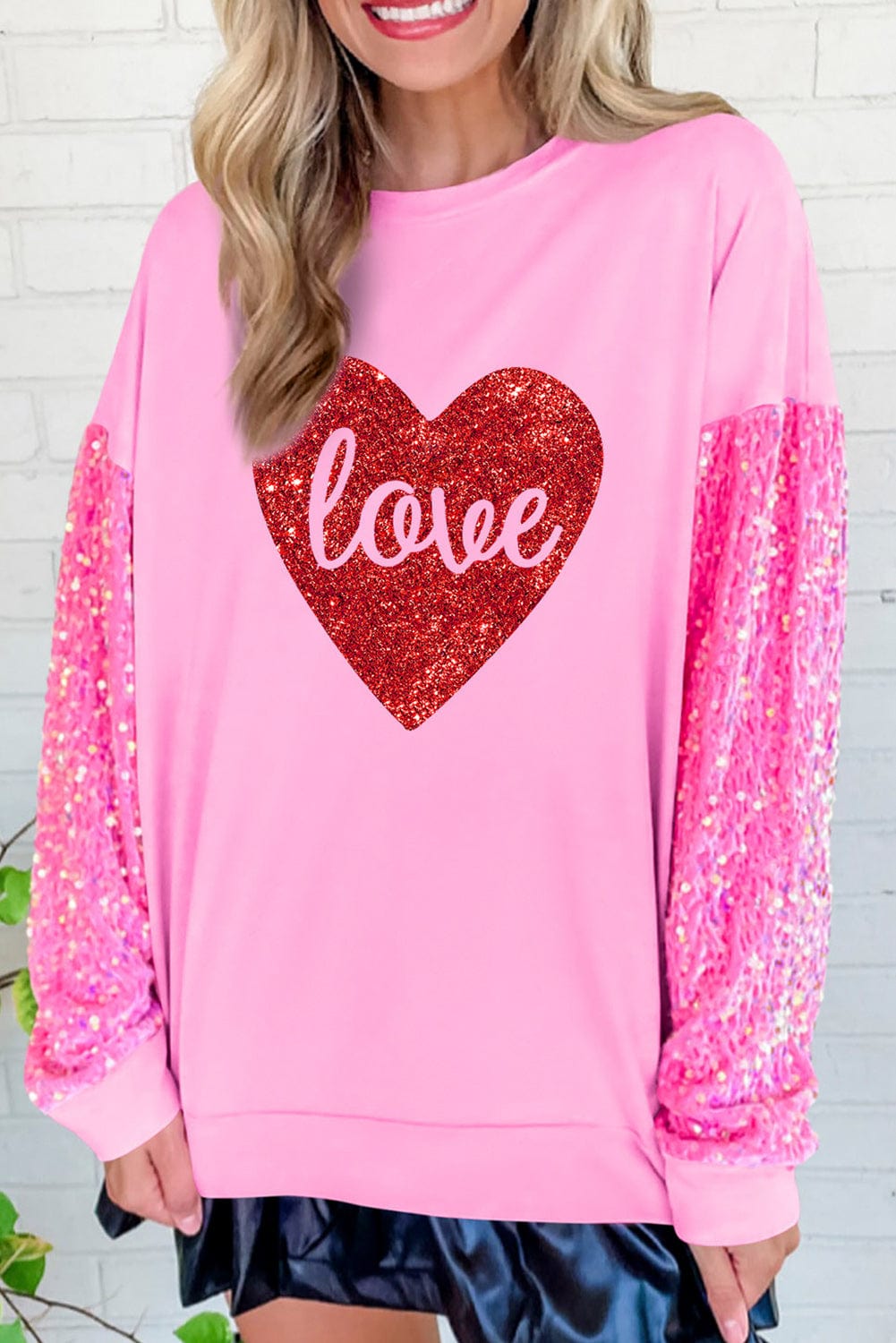 Glittering Pink Heart Sequin Sweatshirt with Love Print