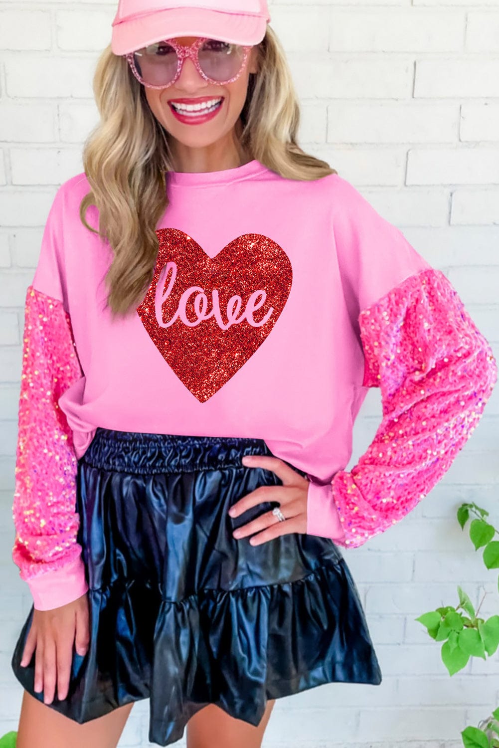 Glittering Pink Heart Sequin Sweatshirt with Love Print