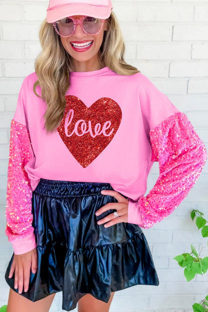 Glittering Pink Heart Sequin Sweatshirt with Love Print