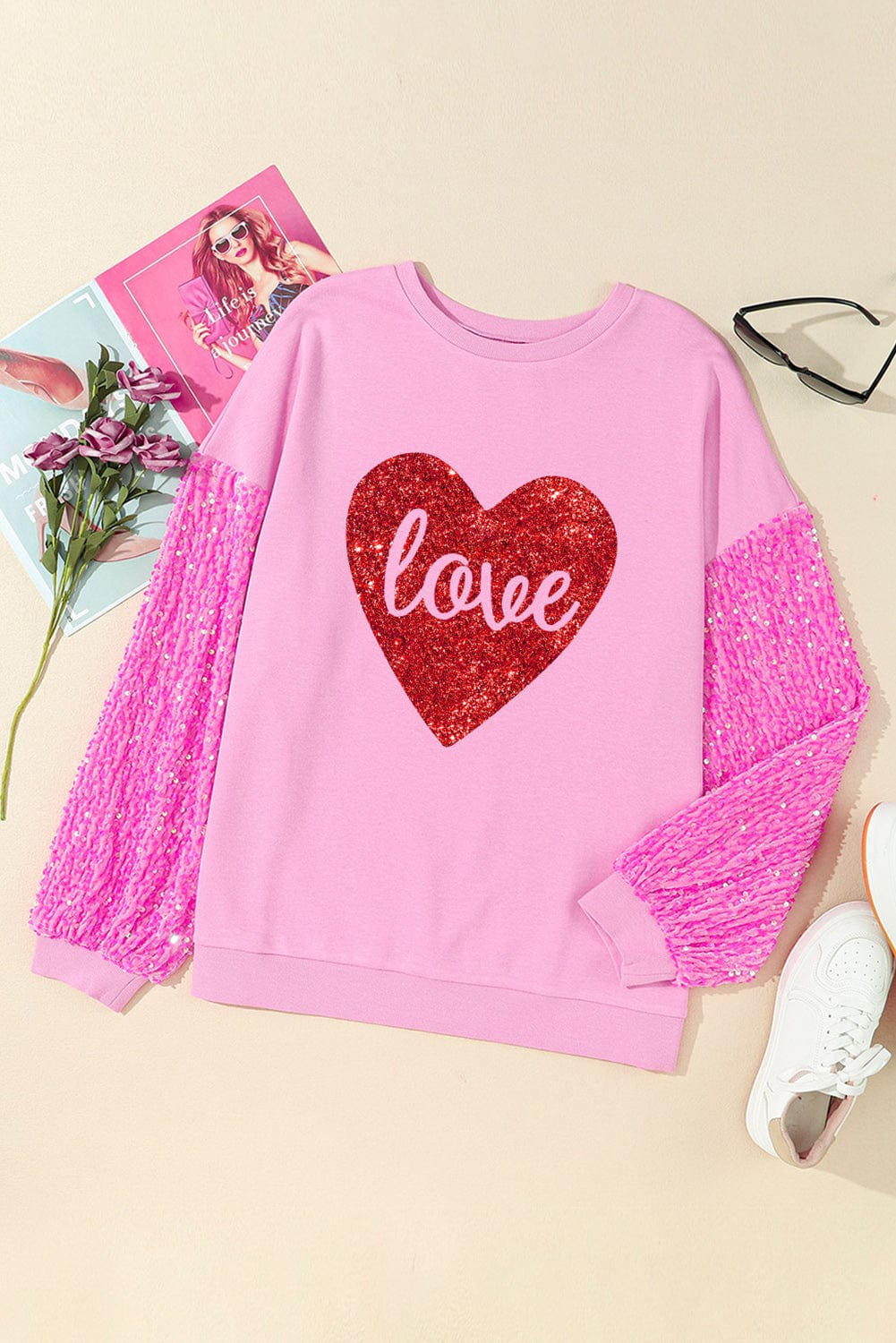 Glittering Pink Heart Sequin Sweatshirt with Love Print