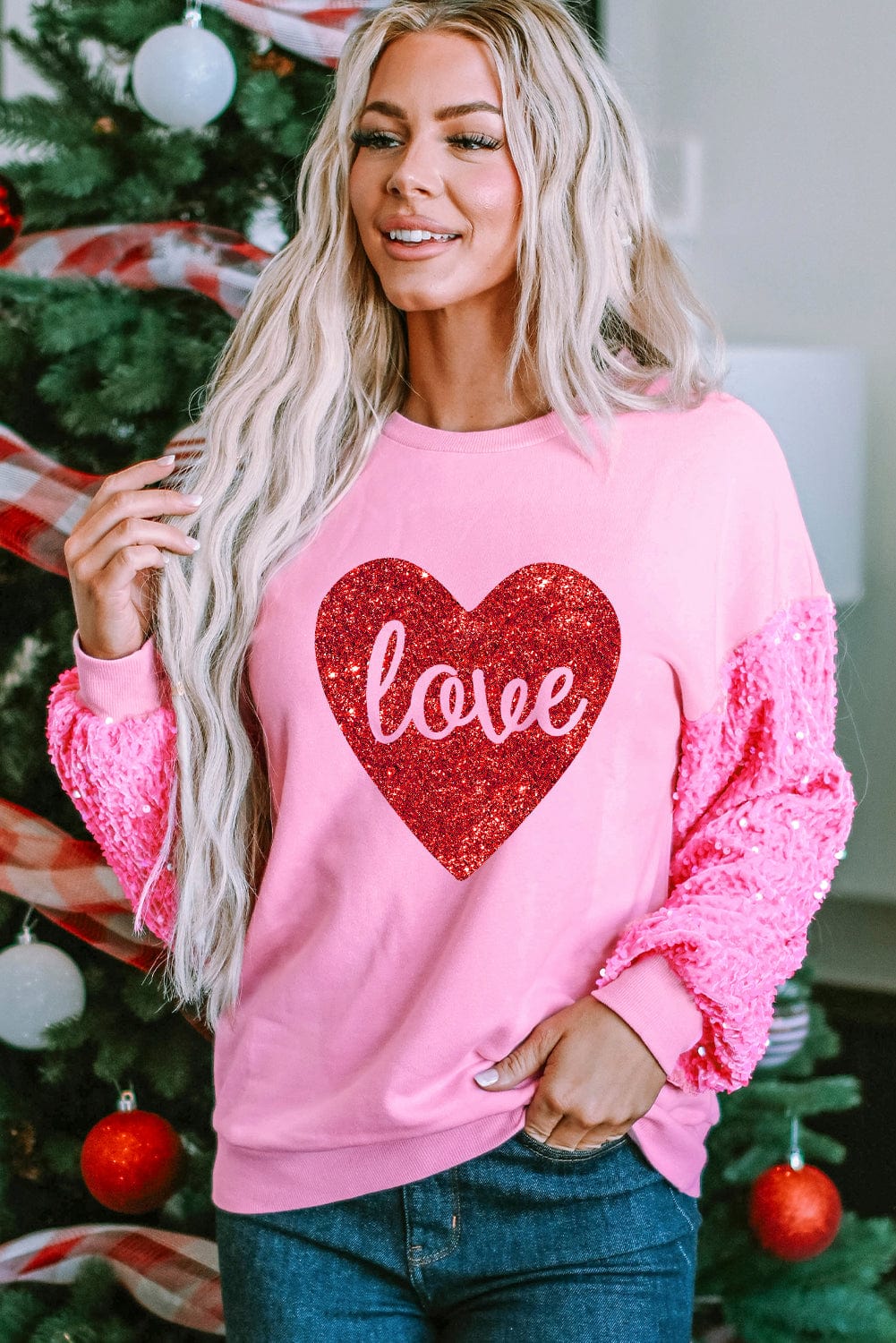 Glittering Pink Heart Sequin Sweatshirt with Love Print