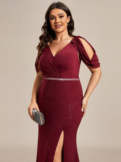 Glittering Plus Size Cold Shoulder Evening Gown with Shimmering Belt