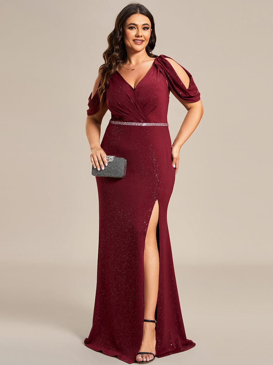 Glittering Plus Size Cold Shoulder Evening Gown with Shimmering Belt