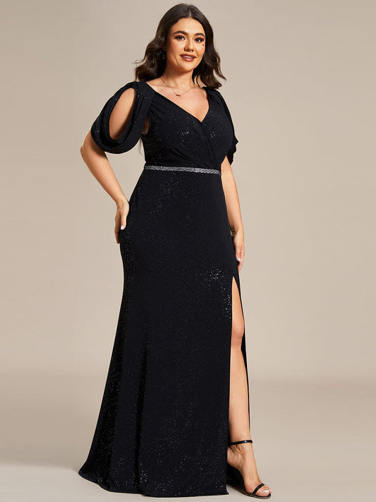 Glittering Plus Size Cold Shoulder Evening Gown with Shimmering Belt