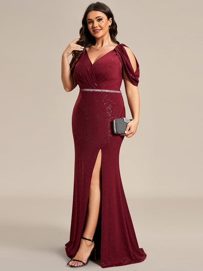 Glittering Plus Size Cold Shoulder Evening Gown with Shimmering Belt