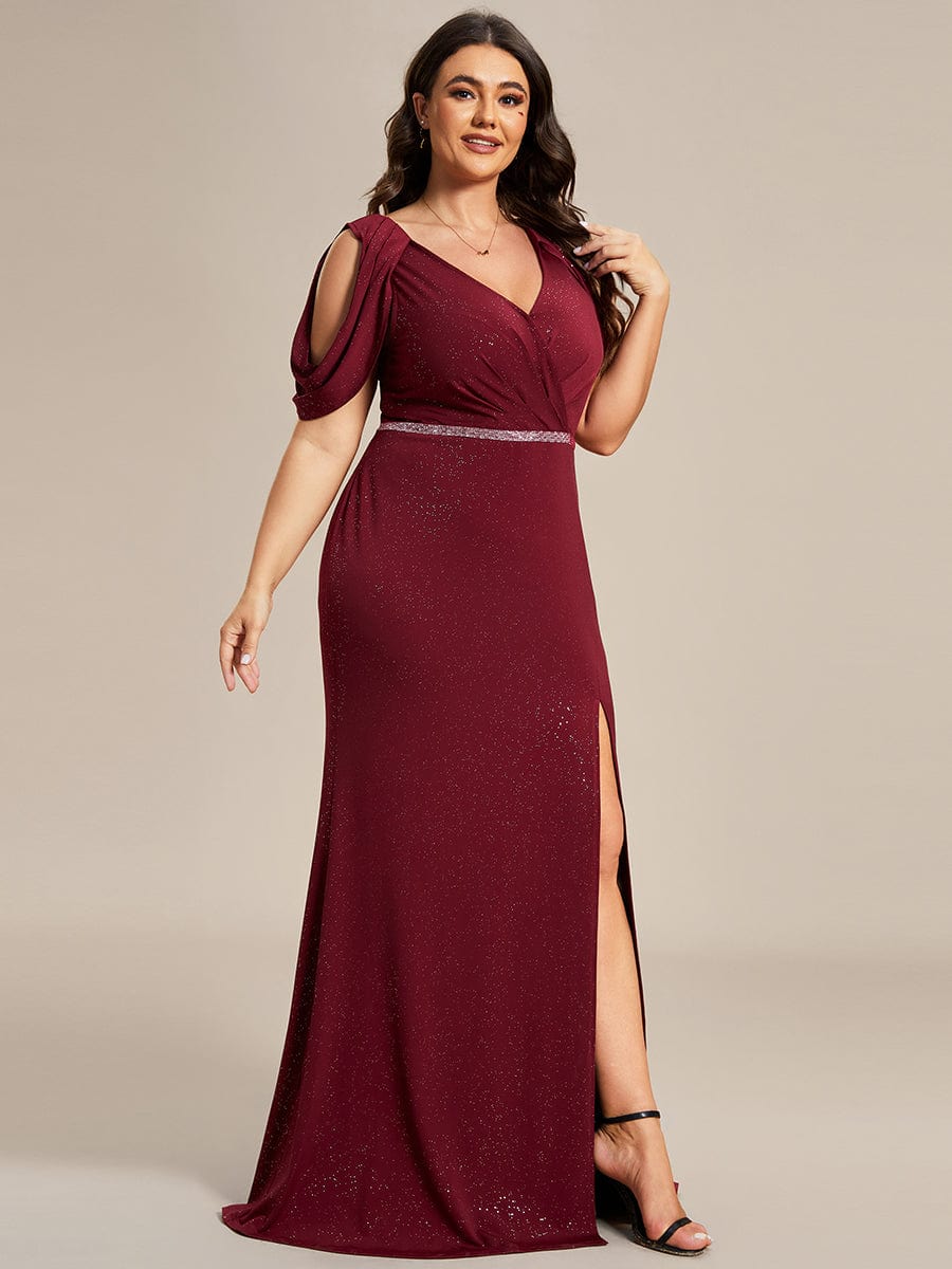 Glittering Plus Size Cold Shoulder Evening Gown with Shimmering Belt