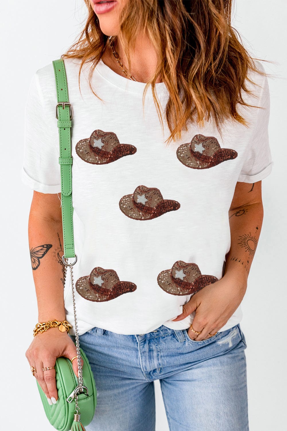 Glittering Sequin Cowgirl Hat Print Tee