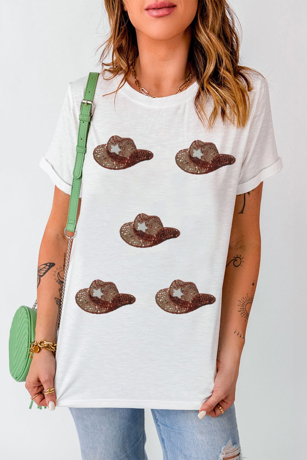 Glittering Sequin Cowgirl Hat Print Tee