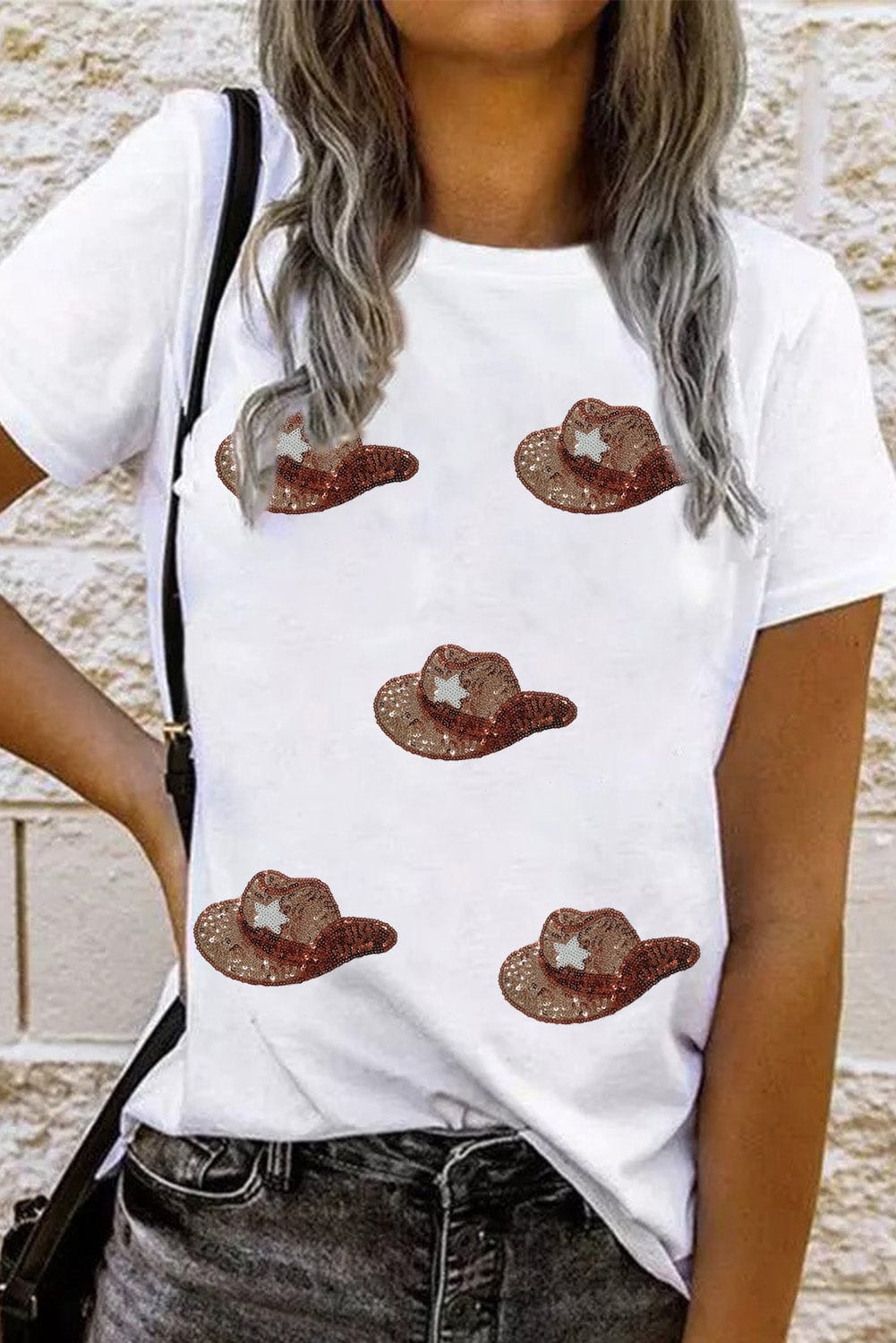 Glittering Sequin Cowgirl Hat Print Tee