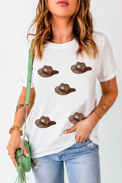Glittering Sequin Cowgirl Hat Print Tee