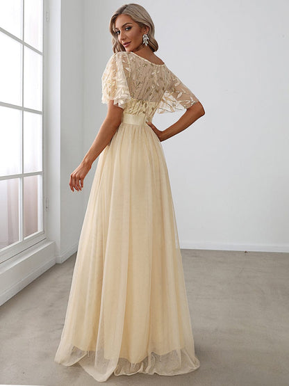Glittering Sequin Evening Gown with Cap Sleeves and Waist Detail