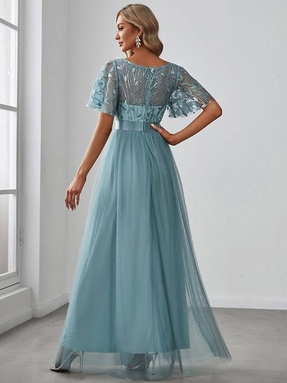 Glittering Sequin Evening Gown with Cap Sleeves and Waist Detail