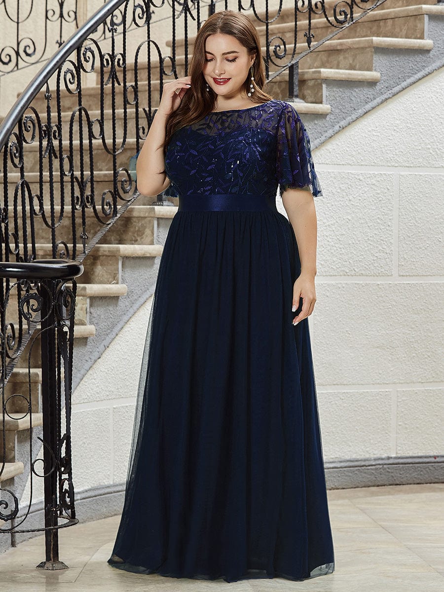 Glittering Sequin Evening Gown with Cap Sleeves and Waist Detail