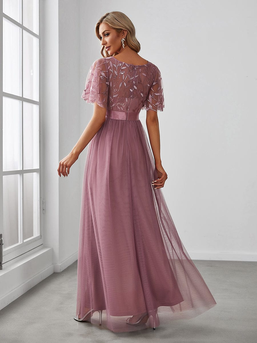 Glittering Sequin Evening Gown with Cap Sleeves and Waist Detail