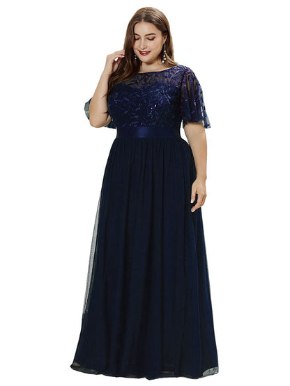 Glittering Sequin Evening Gown with Cap Sleeves and Waist Detail