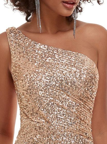 Glittering Single Shoulder Sequin Evening Dress with Side Slit