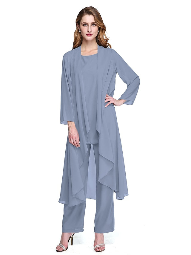 Jumpsuit / Pantsuit Mother of the Bride Dress Plus Size Elegant Bateau Neck Floor Length Chiffon Sleeveless yes with Solid Color 2023 - LuckyFash™