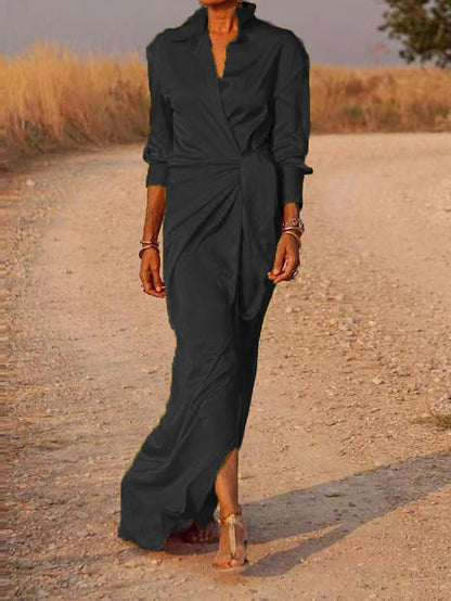 Women's Dress - Shirt Dress Party Dress Shift Dress Long Dress Maxi Dress Black Red Blue Long Sleeve Pure Color Lace up Summer Spring V Neck Elegant Party Winter Dress Evening Party 2023 S M L XL XXL