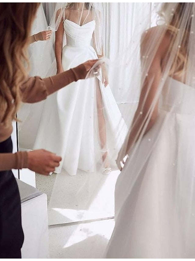 Engagement Sexy Wedding Dresses A-Line Sweetheart Strapless Court Train Satin Bridal Gowns With Split Front 2023 Summer Wedding Party, Women's Clothing - LuckyFash™