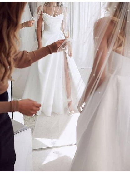 Engagement Sexy Wedding Dresses A-Line Sweetheart Strapless Court Train Satin Bridal Gowns With Split Front 2023 Summer Wedding Party, Women's Clothing - LuckyFash™