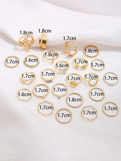 Gold Butterfly Vines Hollowed Heart Geometric 24-piece Ring set