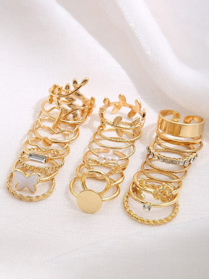 Gold Butterfly Vines Hollowed Heart Geometric 24-piece Ring set