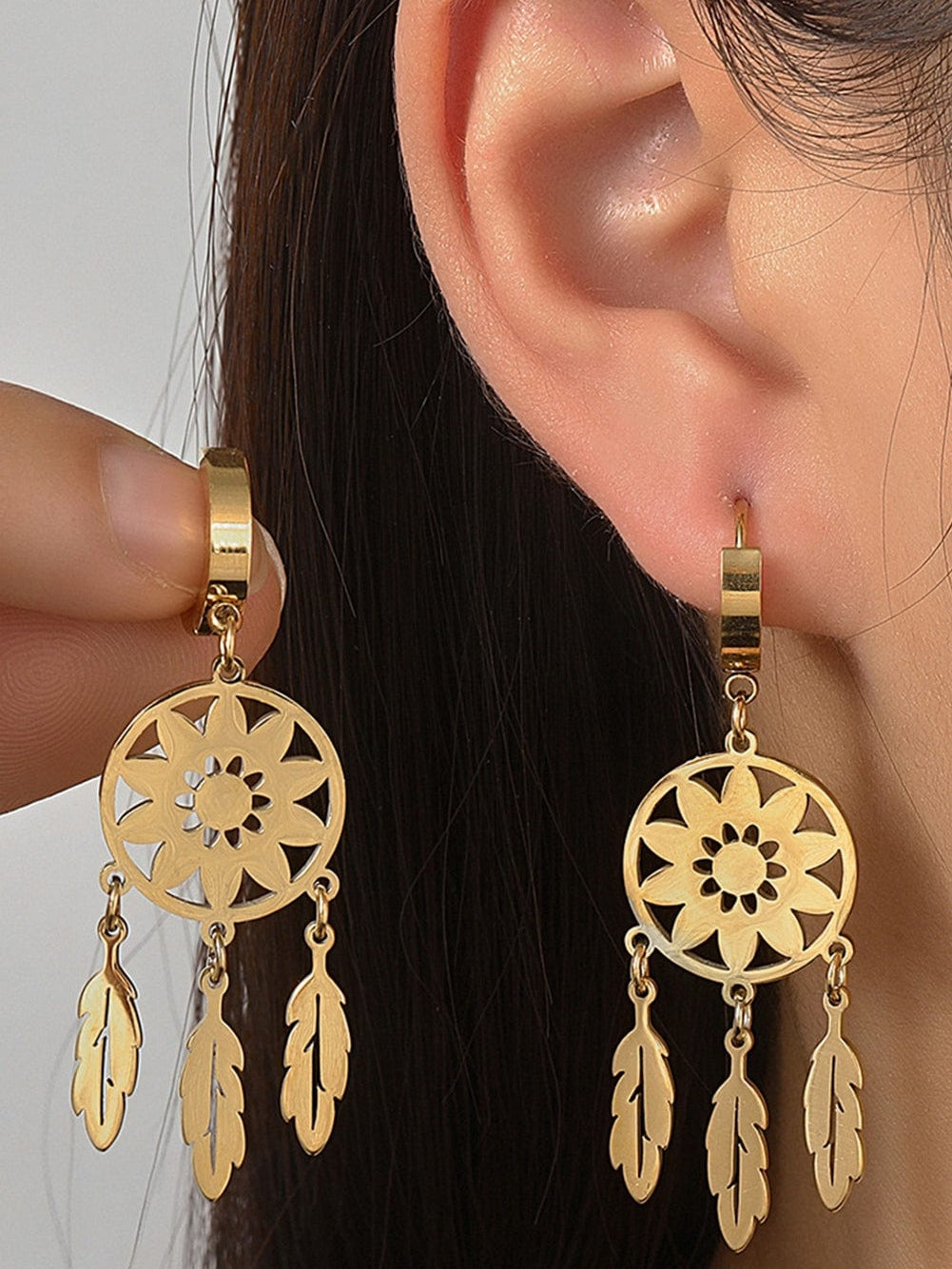 Gold Dream Catcher Elegance Earrings with Floral Detail