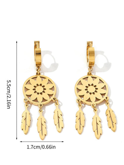 Gold Dream Catcher Feather Fringed Alloy Dangle Earrings