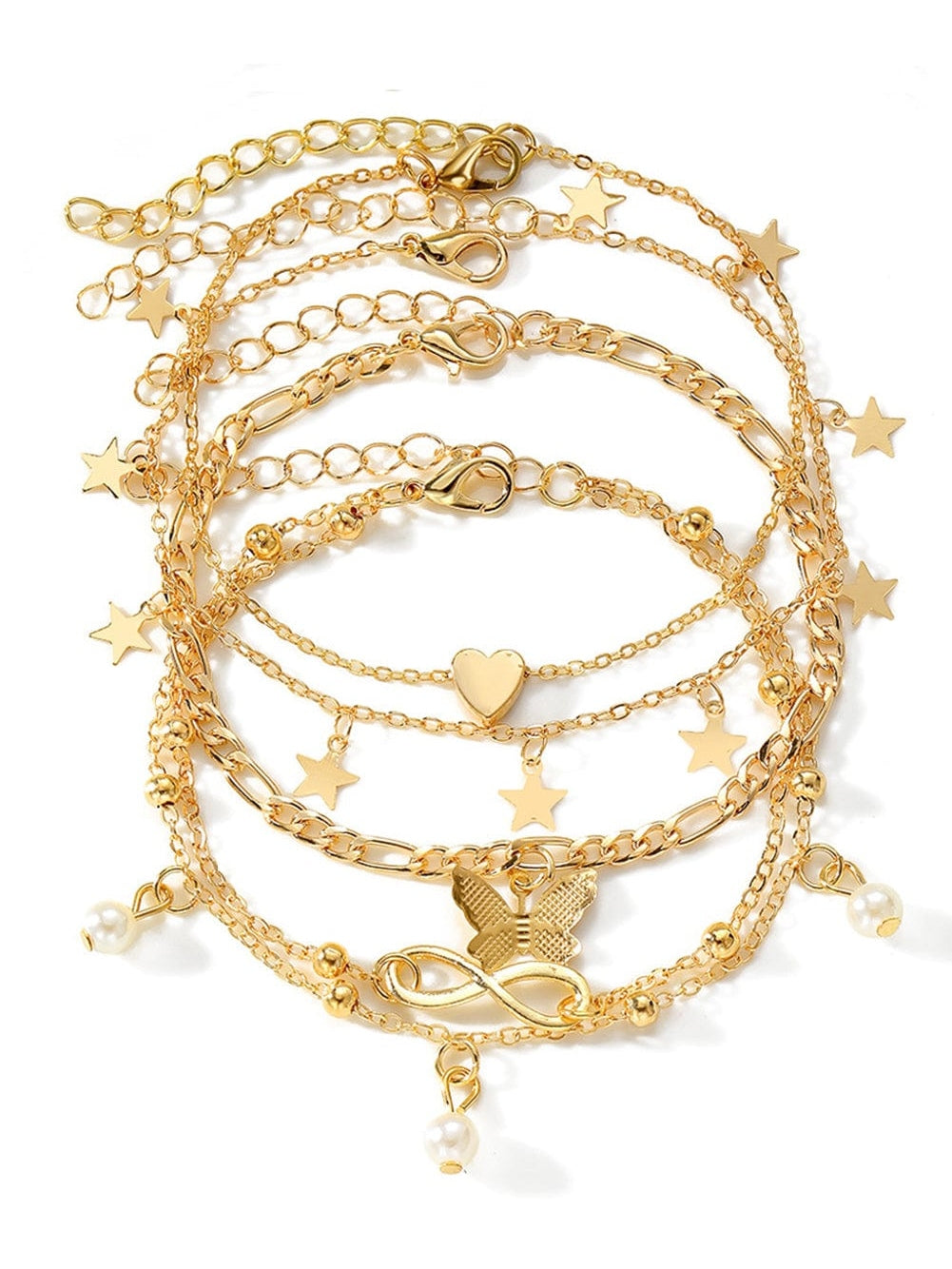 Gold Pearl Butterfly Multi-layer Pendant Anklet