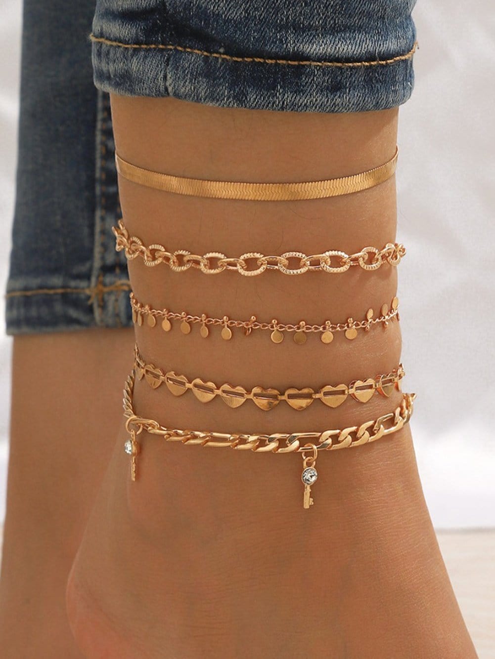 Gold Rhinestone Heart Charm 5-piece Anklet Set