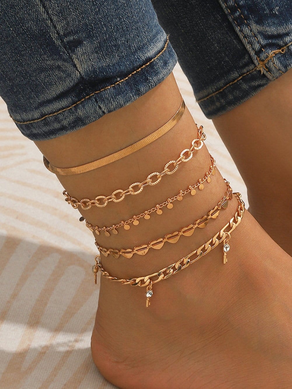 Gold Rhinestone Heart Charm 5-piece Anklet Set