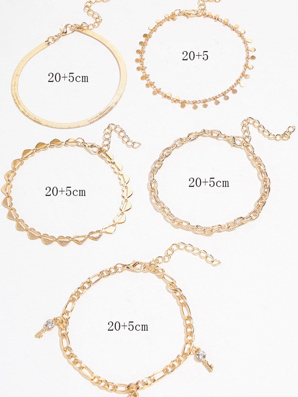 Gold Rhinestone Heart Charm 5-piece Anklet Set