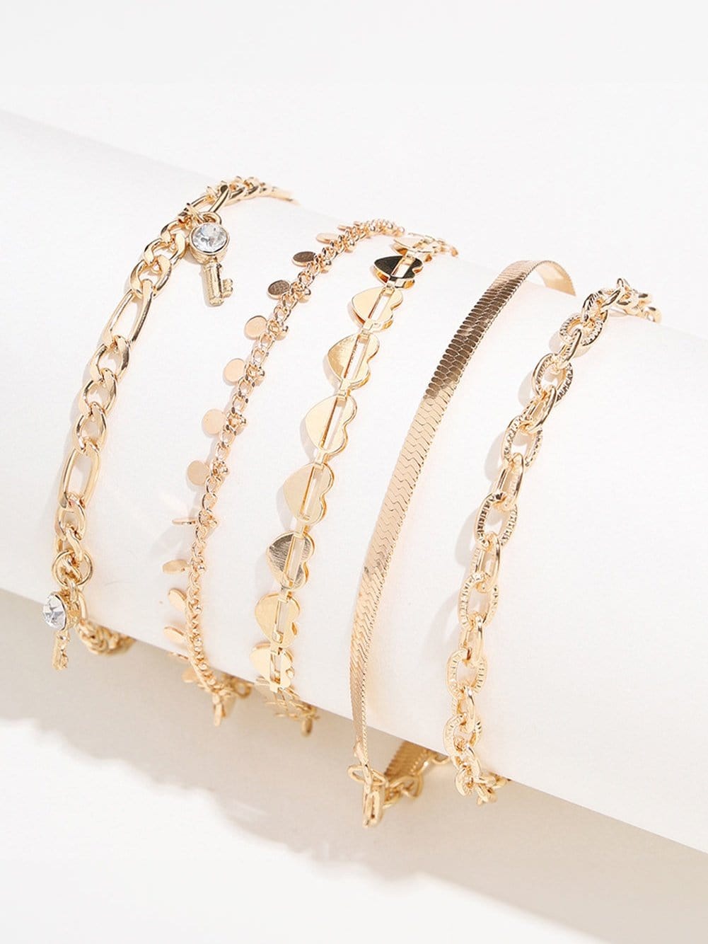 Gold Rhinestone Heart Charm 5-piece Anklet Set