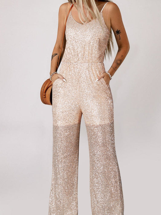 Gold Sequined V Neck Sleeveless High Waist Jumpsuit