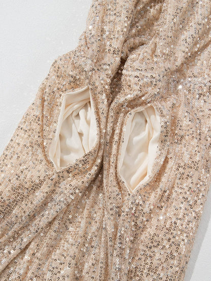 Gold Sequined V Neck Sleeveless High Waist Jumpsuit