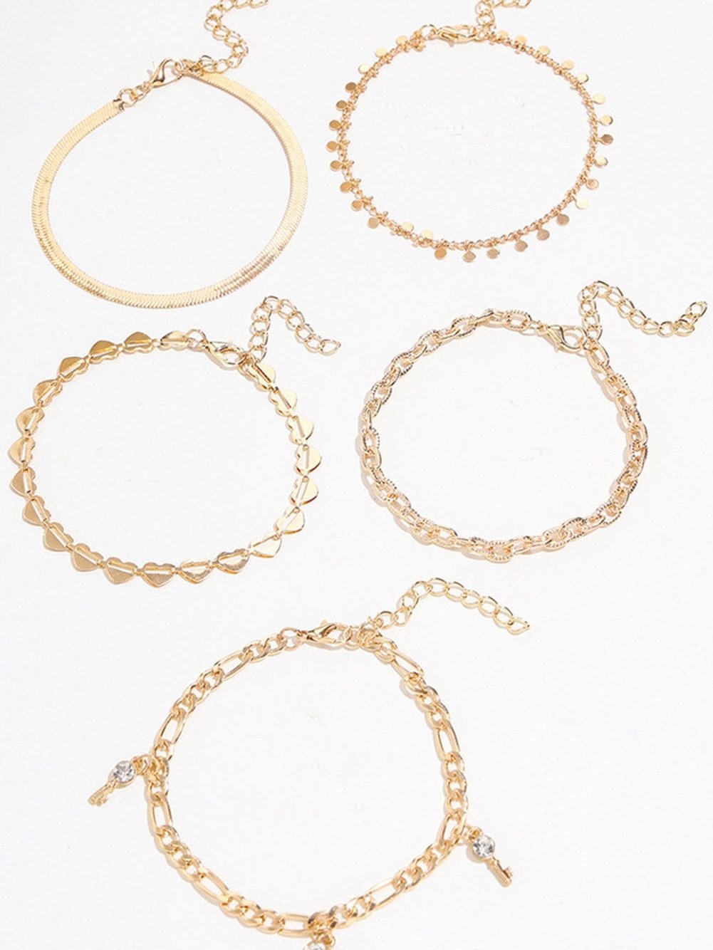 Gold Sweet Heart Rhinestone Dangle 5-piece Anklets