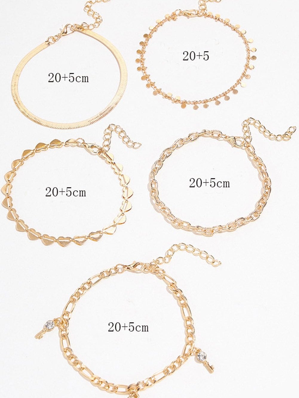 Gold Sweet Heart Rhinestone Dangle 5-piece Anklets